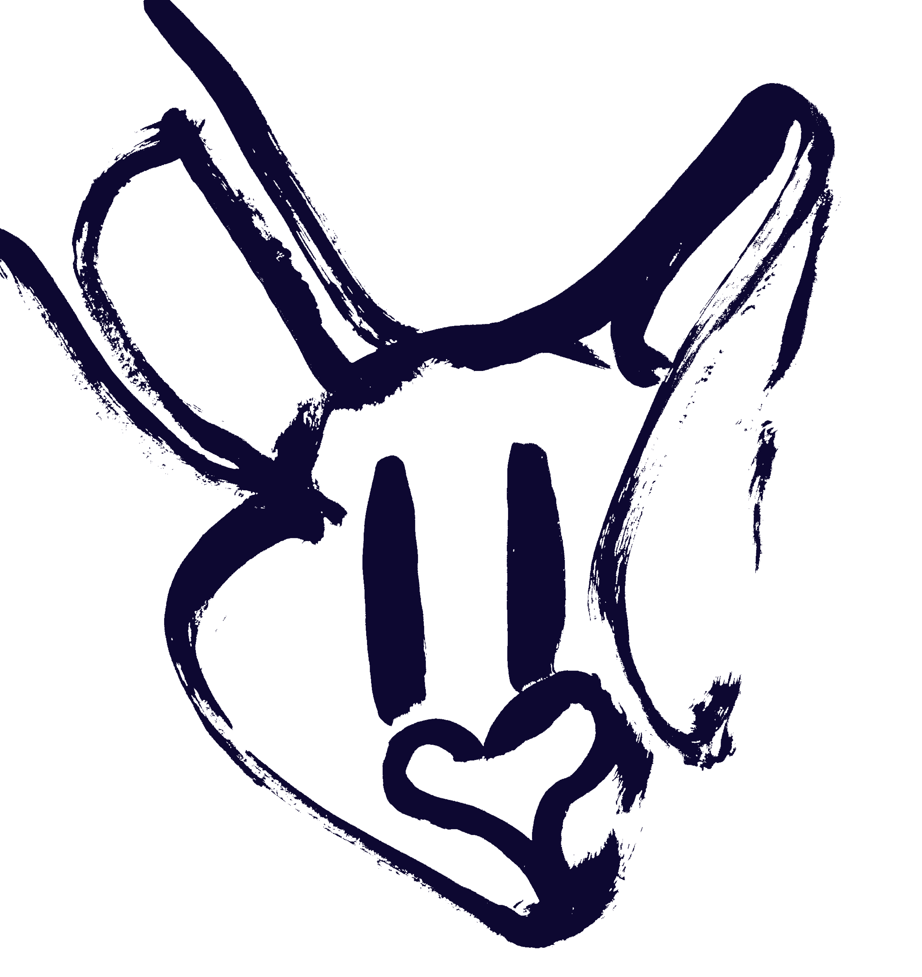 An ink and brush portrait of Fluffy Handsome, a cosmic love bunny with a heart from a nose which doubles as an organ of speech